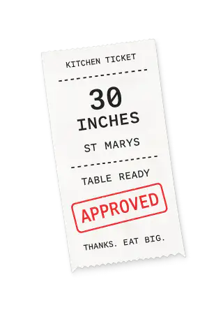 Illustrated receipt showing tape-measured pizza sizes at Certified Pizza Bar, Crana Street St Marys