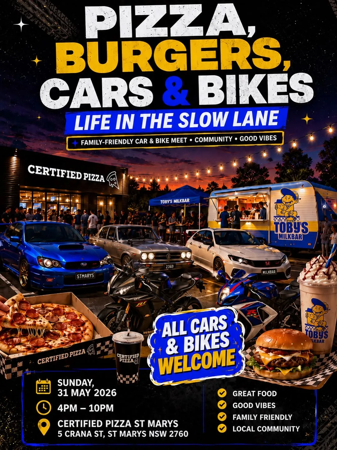 Instagram post: CARS, BIKES, BURGERS & PIZZA THIS SUNDAY 🚗🍕